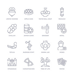 set of 16 thin linear icons such as matzo, tree of life, hamantaschen, synagogue, moses, manna jar, budding staff from religion collection on white background, outline sign icons or symbols