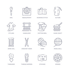 set of 16 thin linear icons such as spokes, stiching, thread nippers, threader, wool ball, yarn, crochet hook from sew collection on white background, outline sign icons or symbols