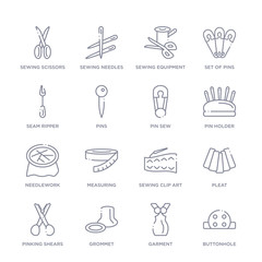 set of 16 thin linear icons such as buttonhole, garment, grommet, pinking shears, pleat, sewing clip art, measuring from sew collection on white background, outline sign icons or symbols