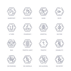 set of 16 thin linear icons such as no entry, no alcohol, no animals, parking, disability, traffic, traffic light from signs collection on white background, outline sign icons or symbols