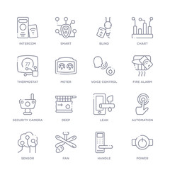 set of 16 thin linear icons such as power, handle, fan, sensor, automation, leak, deep from smart house collection on white background, outline sign icons or symbols