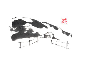 House in winter mountains Japanese style original sumi-e ink painting.