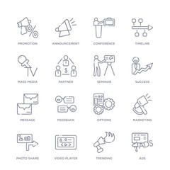 set of 16 thin linear icons such as ads, trending, video player, photo share, marketing, options, feedback from social media marketing collection on white background, outline sign icons or symbols