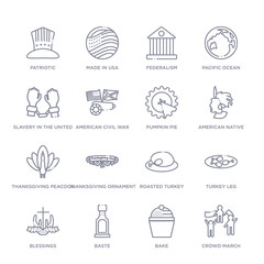 set of 16 thin linear icons such as crowd march, bake, baste, blessings, turkey leg, roasted turkey, thanksgiving ornament from united states of america collection on white background, outline sign - obrazy, fototapety, plakaty