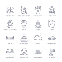 set of 16 thin linear icons such as flag day, albuquerque, father's day, mother's day, united states, burger, white house from united states of america collection on white background, outline sign