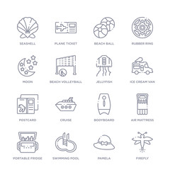 set of 16 thin linear icons such as firefly, pamela, swimming pool, portable fridge, air mattress, bodyboard, cruise from summer collection on white background, outline sign icons or symbols