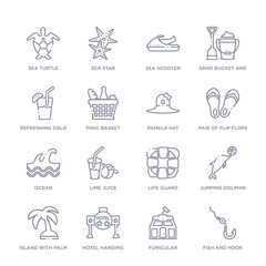 set of 16 thin linear icons such as fish and hook, funicular, hotel hanging, island with palm trees, jumping dolphin, life guard, lime juice from summer collection on white background, outline sign