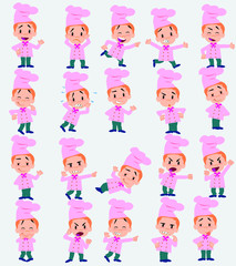 Cartoon character chef. Set with different postures, attitudes and poses, doing different activities in isolated vector illustrations.