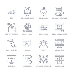 set of 16 thin linear icons such as a/b testing, affiliate marketing, attributes, back end, bounce rate, bugs, caching from technology collection on white background, outline sign icons or symbols © Meth Mehr