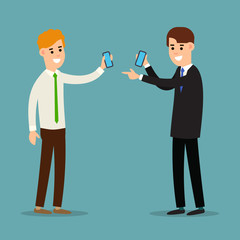 Two businessman working in office showing information on the smartphone screen. Using phone in business. Business communication. Cartoon illustration isolated on white background in flat style