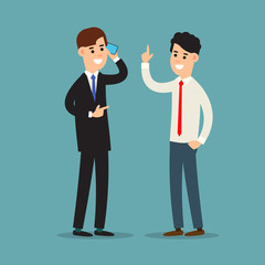 Business communication. Presentation business calling and connection. Using phone in business. Two businessman working in office. Cartoon illustration isolated on white background in flat style