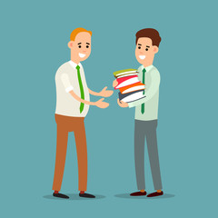 Business communication. Businessman transfers paper archive to an employee. Boss accepts documents from subordinate. Two businessman working in office. Flat illustration isolated on white background