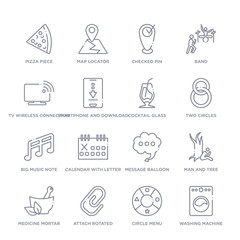 set of 16 thin linear icons such as washing machine with dots, circle menu, attach rotated, medicine mortar, man and tree, message balloon, calendar with letter x from ultimate glyphicons collection