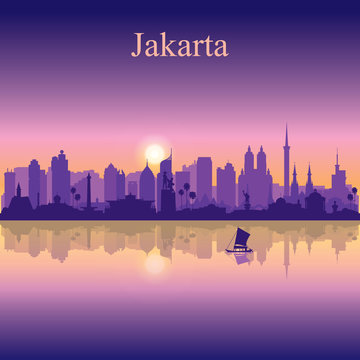 Jakarta city silhouette on sunset background