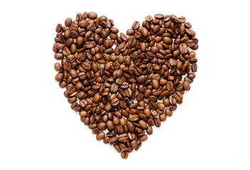 Coffee beans in heart shape white background isolated - Image