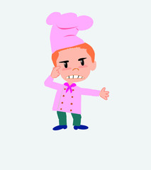 Chef, is angry and points his head with his index finger.