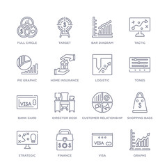 set of 16 thin linear icons such as graphs, visa, finance, strategic, shopping bags, customer relationship management, director desk from business collection on white background, outline sign icons