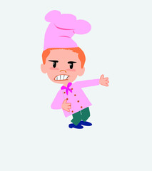Chef shows very angry something to his left.