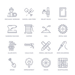 set of 16 thin linear icons such as scaffolding, drain, improvement, spade, iron soldering, pencil and ruler, caulk gun from construction and tools collection on white background, outline sign icons