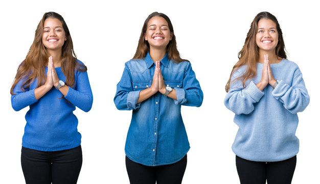 Collage of beautiful young woman over isolated background praying with hands together asking for forgiveness smiling confident.