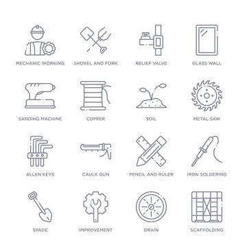 set of 16 thin linear icons such as scaffolding, drain, improvement, spade, iron soldering, pencil and ruler, caulk gun from construction and tools collection on white background, outline sign icons