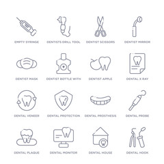 Naklejka premium set of 16 thin linear icons such as dental hook, dental house, dental monitor, plaque, probe, prosthesis, protection from dentist collection on white background, outline sign icons or symbols
