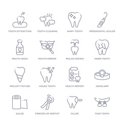 set of 16 thin linear icons such as fake tooth, filler, forceps of dentist tools, gauze, headlamp, health report, holed tooth from dentist collection on white background, outline sign icons or