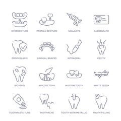 set of 16 thin linear icons such as tooth filling, tooth with metallic root, toothache, toothpaste tube, white teeth, wisdom tooth, apicoectomy from dentist collection on white background, outline