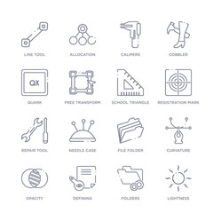 set of 16 thin linear icons such as lightness, folders, defining, opacity, curvature, file folder, needle case from edit tools collection on white background, outline sign icons or symbols