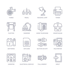 set of 16 thin linear icons such as input, full energy, electrical service, ammeter, multimeter, button on off, sim card from electronics collection on white background, outline sign icons or