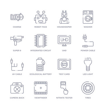 set of 16 thin linear icons such as tires, nitrate tester, viewfinder, camera back, led light, test card, ecological battery from electronics collection on white background, outline sign icons or