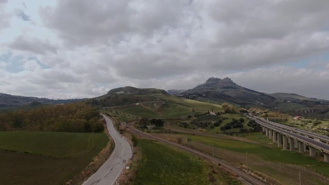 Aerial approaching view of the hilltop town of Enna in Sicily