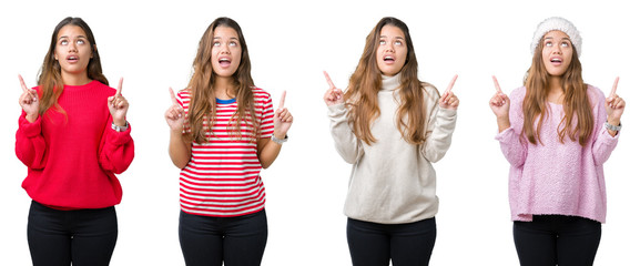 Collage of beautiful young woman over isolated background amazed and surprised looking up and pointing with fingers and raised arms.