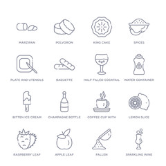 set of 16 thin linear icons such as sparkling wine, fallen, apple leaf, raspberry leaf, lemon slice, coffee cup with steam, champagne bottle from food collection on white background, outline sign