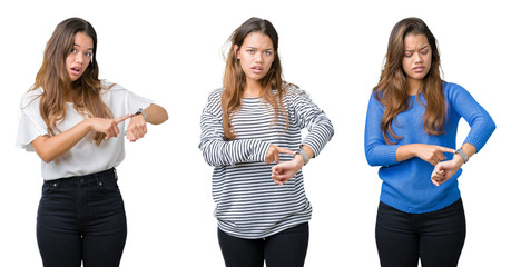 Collage of beautiful young woman over isolated background In hurry pointing to watch time,...