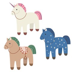 Obraz na płótnie Canvas Set of cartoon horses and unicorn. Cute animal characters. Vector illustration.