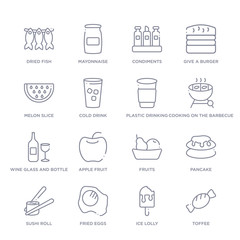 set of 16 thin linear icons such as toffee, ice lolly, fried eggs, sushi roll, pancake, fruits, apple fruit from food collection on white background, outline sign icons or symbols