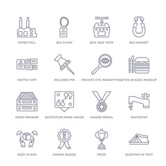 set of 16 thin linear icons such as sleeping in tent, prize, award badge, keep in box, watertap, award medal, quotation mark inside a circle from general collection on white background, outline sign