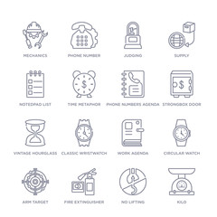 set of 16 thin linear icons such as kilo, no lifting, fire extinguisher, arm target, circular watch, work agenda, classic wristwatch from general collection on white background, outline sign icons