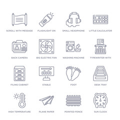 set of 16 thin linear icons such as sun clock, pointed fence, plane paper, high temperature on a thermometer, desk tray, foot, stable from general collection on white background, outline sign icons