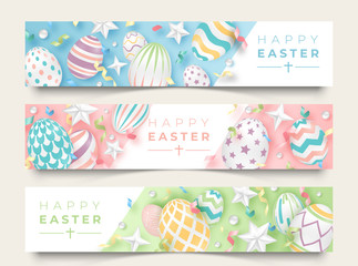 Three Easter horizontal banners with realistic decorated eggs, ribbons, stars and balls. Illustration in soft colors. Easter card illustration on light background