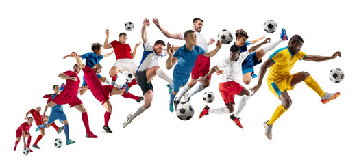 Professional football soccer players with ball isolated on white studio background. Collage with fit male models. Attack, defense, fight. Group of men with sport equipment.