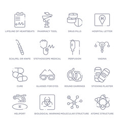 set of 16 thin linear icons such as atomic structure, molecular structure, biological warning, heliport, sticking plaster, round earrings, glasses for eyes from medical collection on white