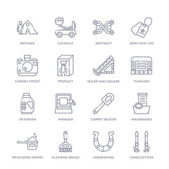 set of 16 thin linear icons such as candlesticks, horseshoes, cleaning brush, measuring spoon, washboard, carpet beater, wringer from miscellaneous collection on white background, outline sign icons