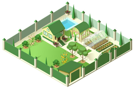 Private House Yard With Plot Of Land Behind High Fence. Isometric 3d Illustration