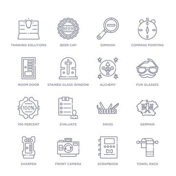 set of 16 thin linear icons such as towel rack, scrapbook, front camera, sharpen, german, swiss, evaluate from miscellaneous collection on white background, outline sign icons or symbols