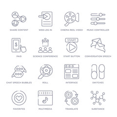 set of 16 thin linear icons such as substance, translate, multimedia, favorites, switches, interface, roll from multimedia collection on white background, outline sign icons or symbols