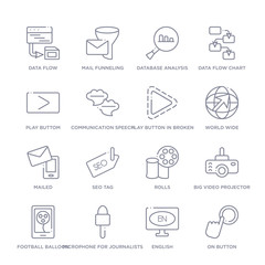 set of 16 thin linear icons such as on button, english, microphone for journalists, football balloon, big video projector, rolls, seo tag from multimedia collection on white background, outline sign
