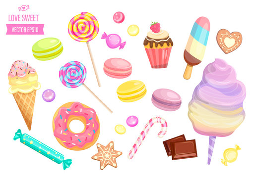 Set isolated sweets on white background-candy,ice cream,cotton candy,chocolate,macaroon and bisquit, cookies,candy cane and lollipop,caramel.Template for confectionery,banner and poster,advertise.