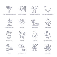 set of 16 thin linear icons such as japanese,  , waste water, trunk, conservation, flame, reeds from nature collection on white background, outline sign icons or symbols